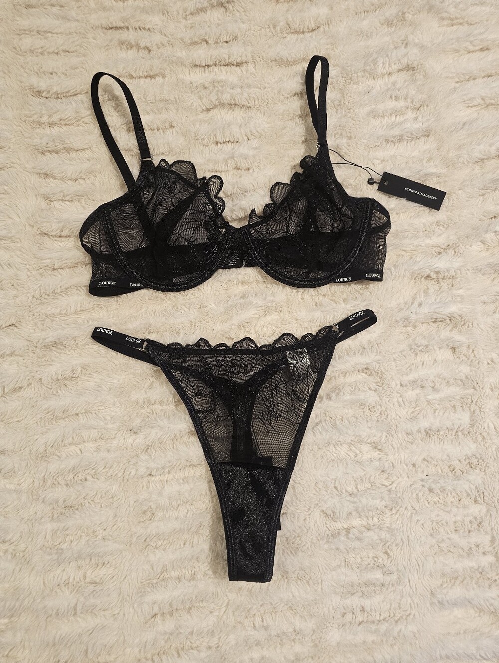 Lounge Black Illustration Balcony Bra And Thong 34C/S